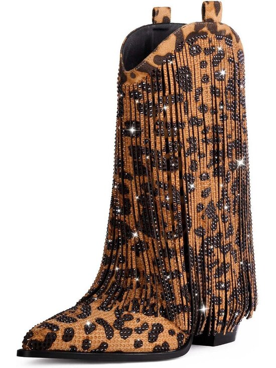 Shoes - Women's Cowgirl Rhinestone Boots Leopard with Sparkly Fringe Pointed Toe Western